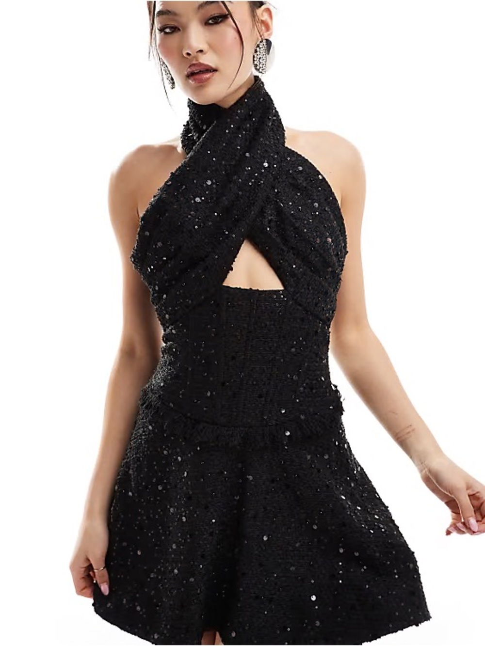 Crossover Black Tweed Fit & Flare mini Dress